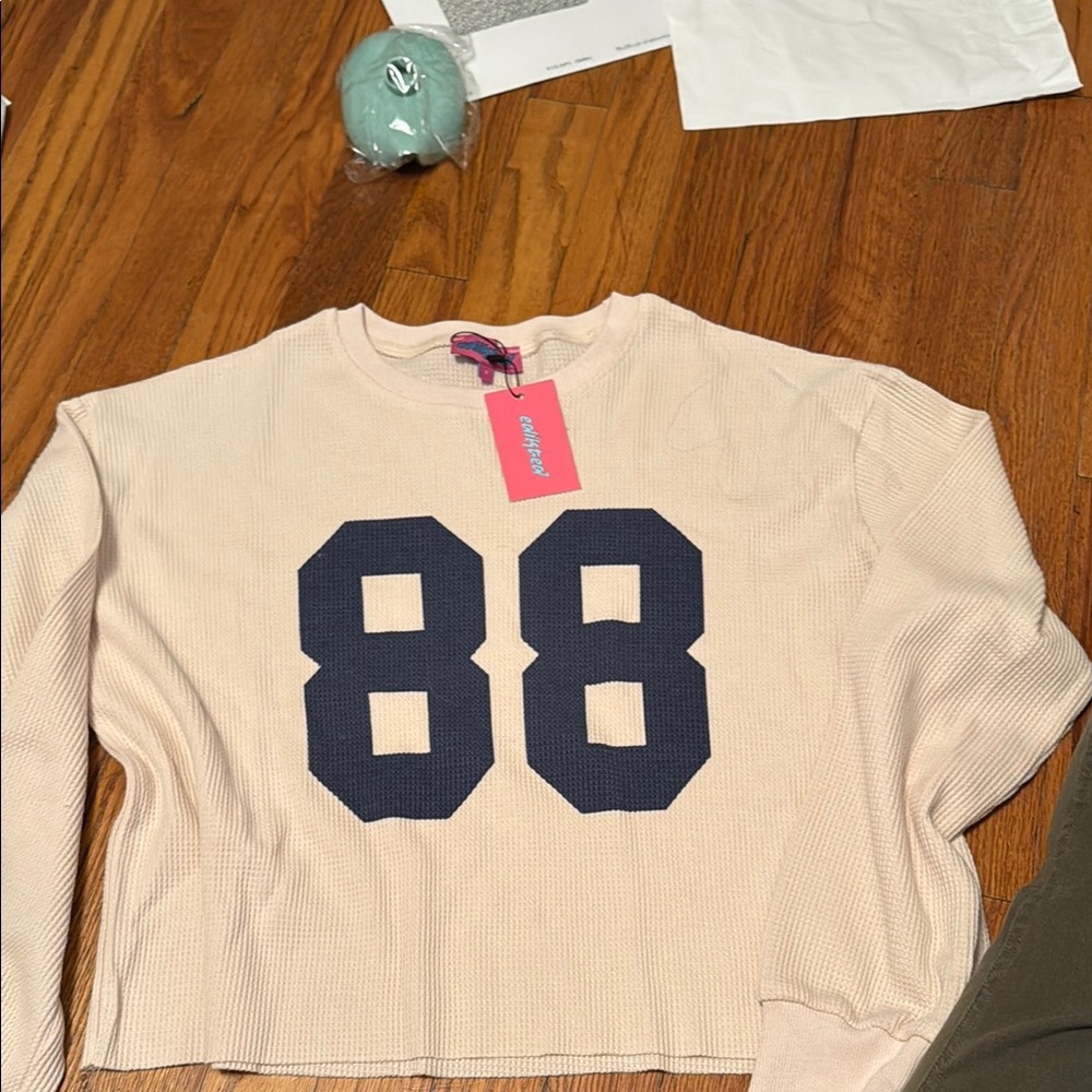Edikted Beige Jersey Top with Navy Numbers